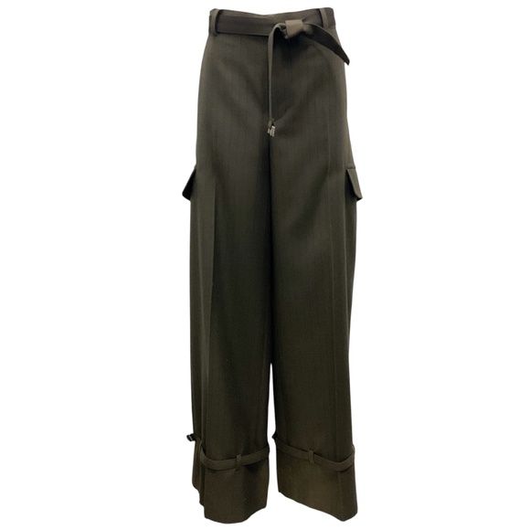 SACAI OLIVE GREEN STRIPE PANTS WITH BELT - Picture 1 of 5
